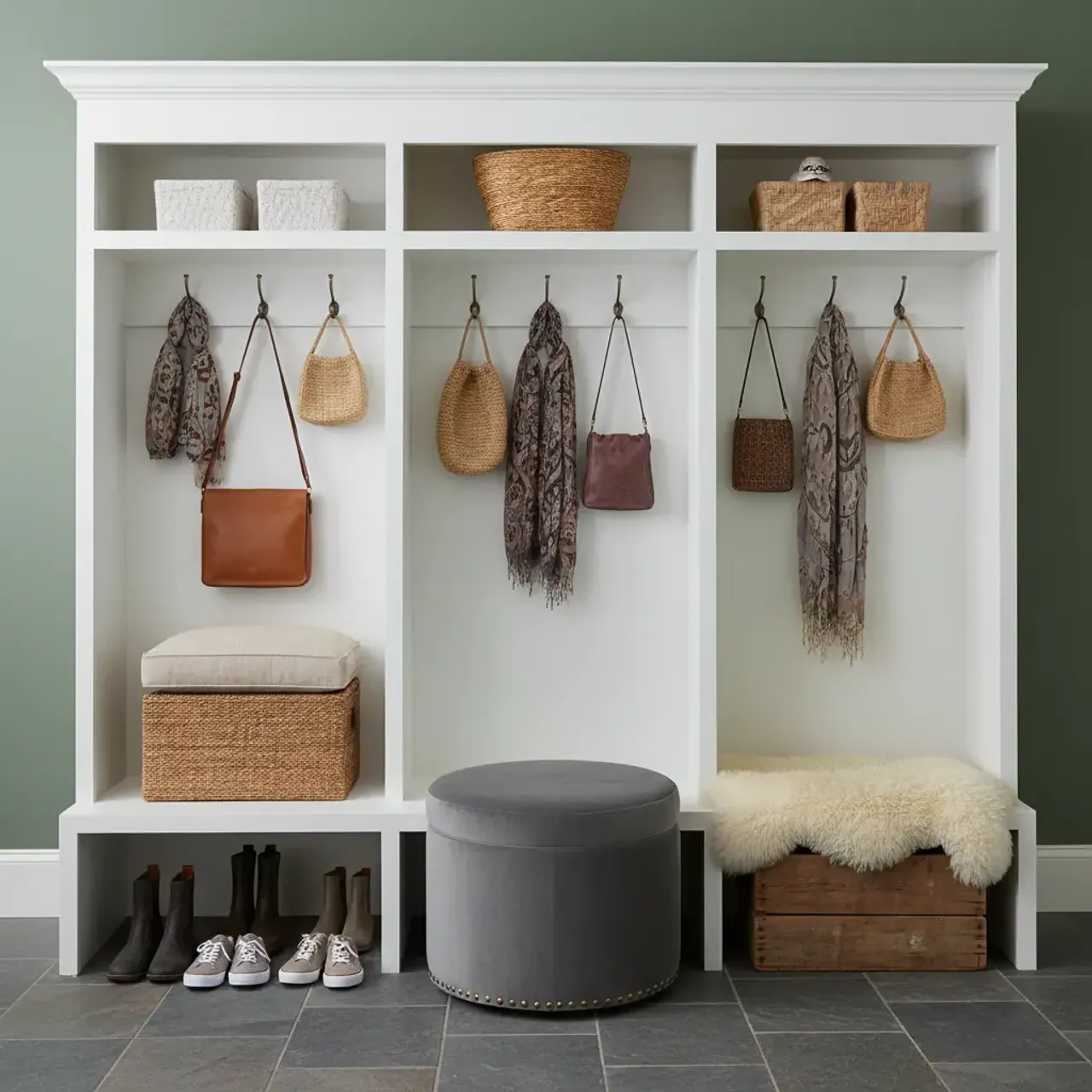 A stylish mudroom featuring a modern hall tree with creative seating and organized storage