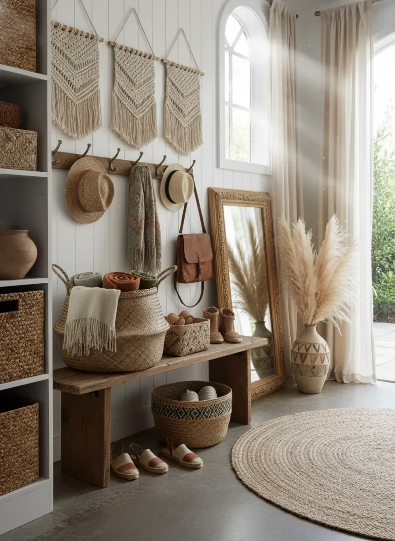 Professional SEO visualization for Boho Mudroom Ideas: Eclectic Entryway Designs with Woven Storage Accents