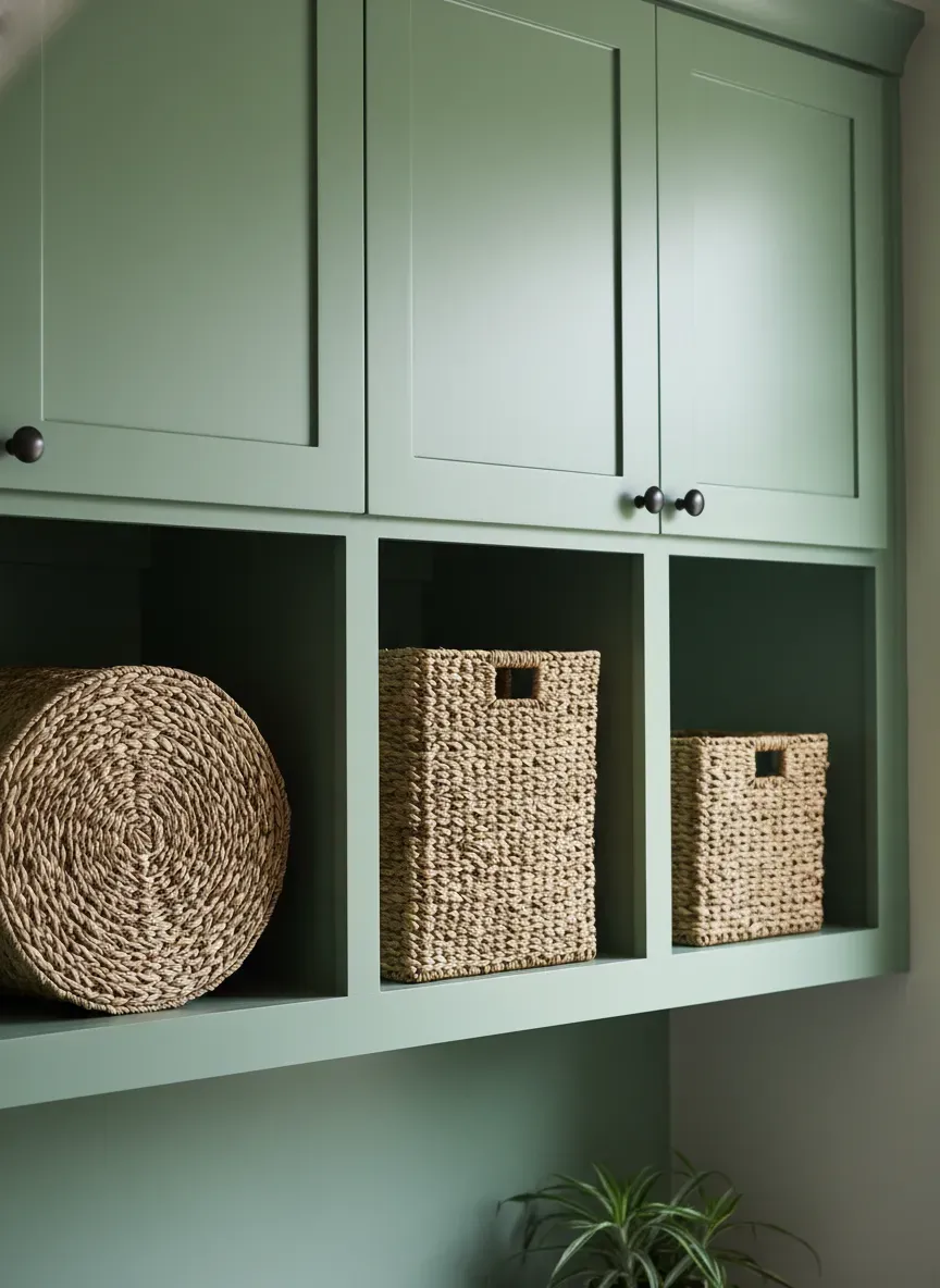 Woven sea grass baskets resting inside perfectly painted celadon green mudroom upper cubbies.