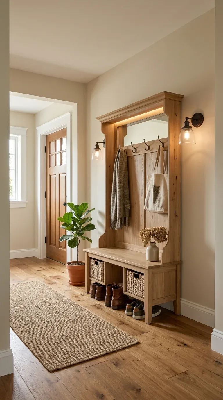 Entryway retrofit lighting setup with under-shelf LED strips and wall sconces in a real hallway