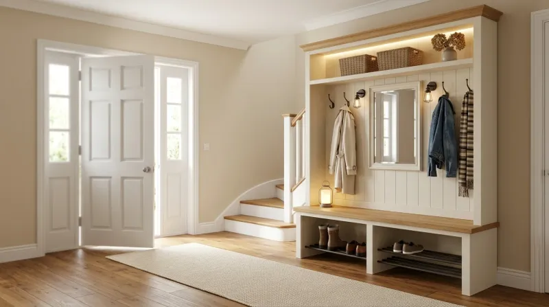Bright entryway hallway with pendant light, wall sconces, mirror, and green plants showing layered lighting ideas
