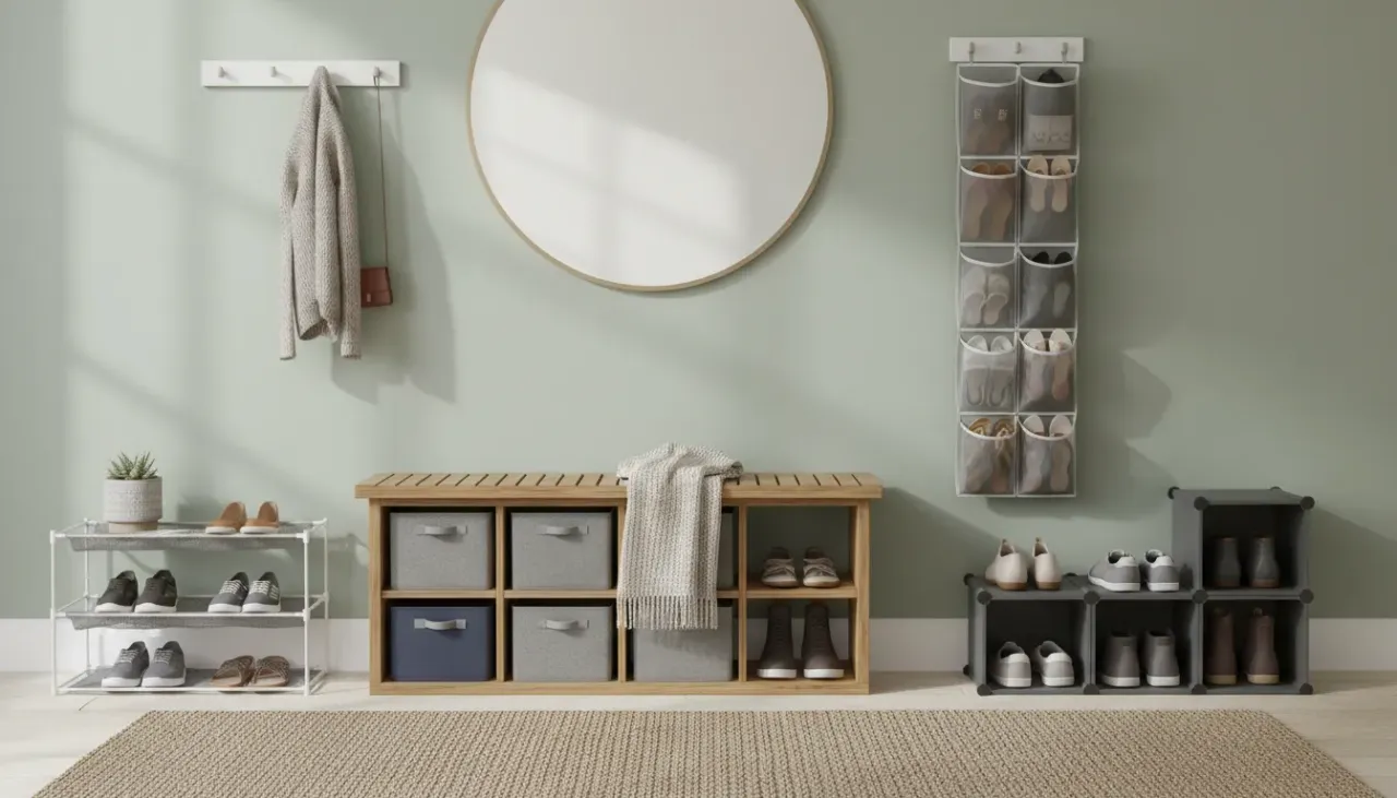 A neatly organized entryway featuring a minimalist wooden shoe rack and wall-mounted hooks