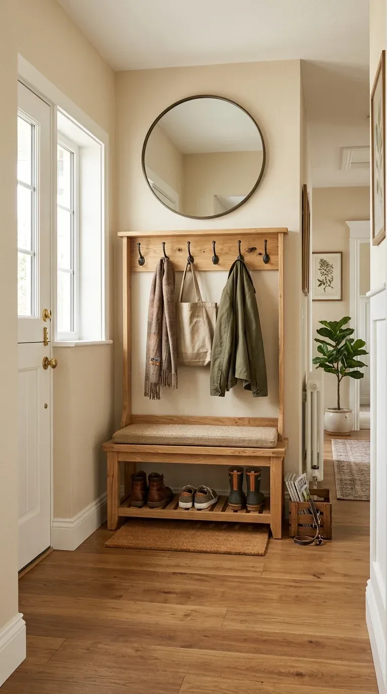 Real-world entryway setup with a natural oak finish hall tree, boots parked on the bench, coats on hooks