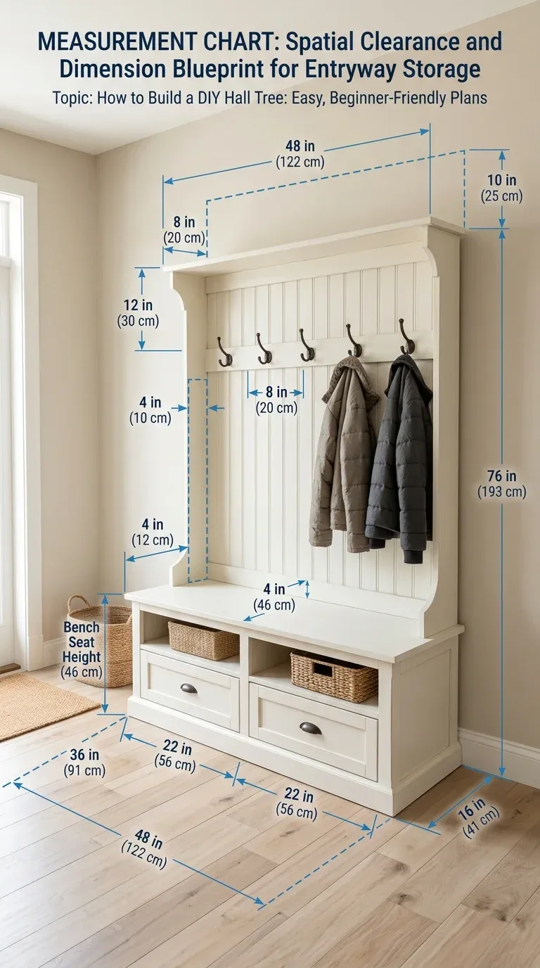 Measurement chart showing spatial clearance and dimension blueprint for the entryway build