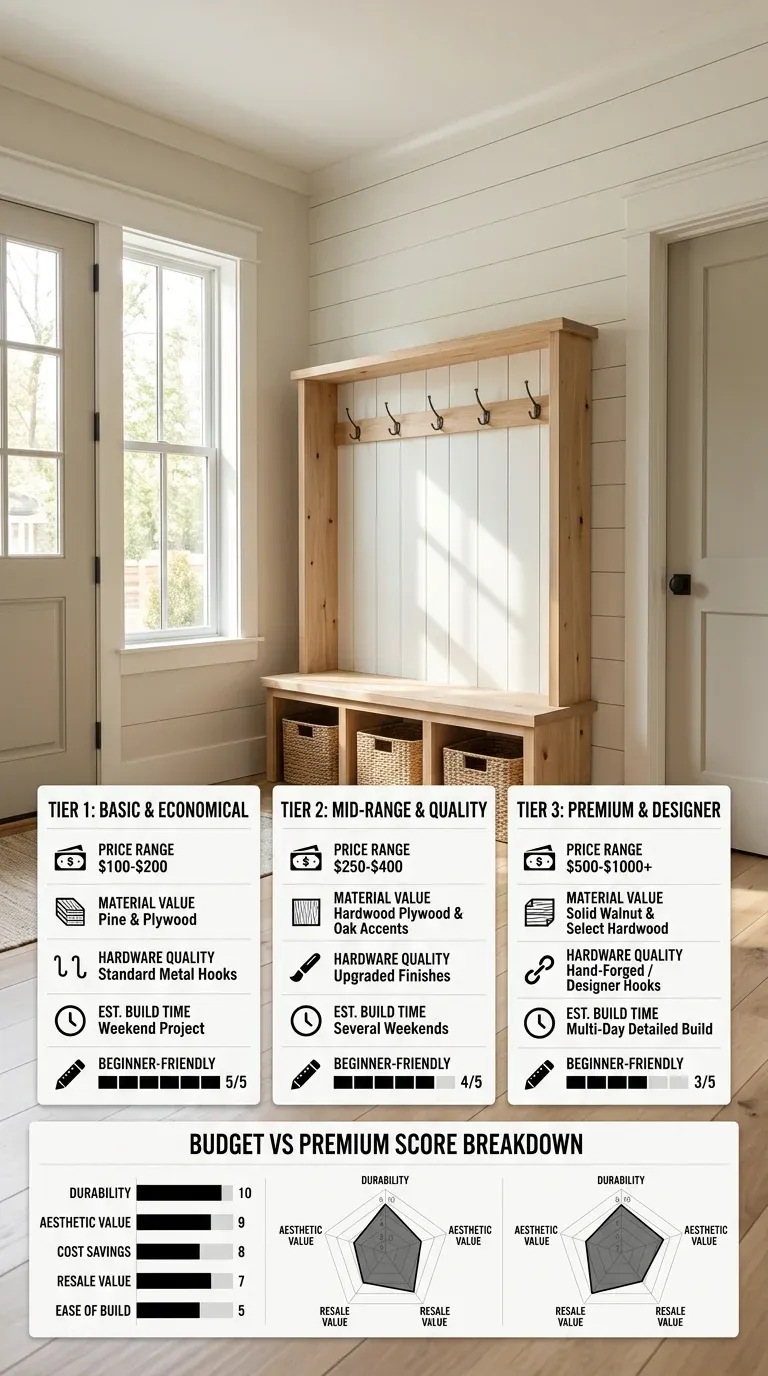 Cost comparison chart breaking down material price tiers for the entryway build