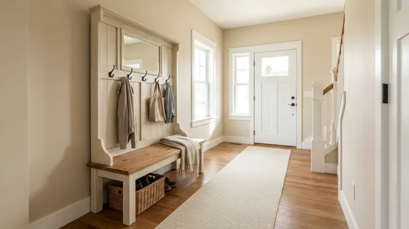 Freshly built DIY hall tree bench in birch plywood with a double-thick seat, coat hooks, and slatted shoe cubbies in an entryway