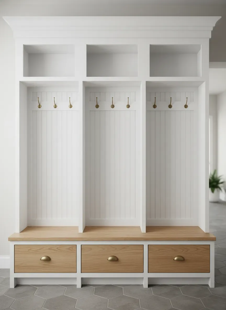 Finished mudroom locker with painted millwork and hardware