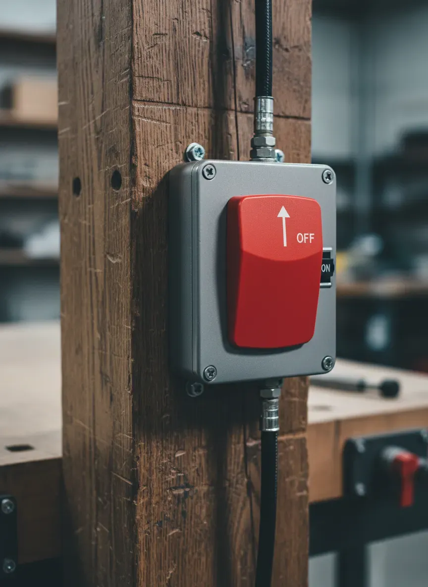 Close up of a large safety paddle switch mounted securely to the heavy timber leg of a workbench.