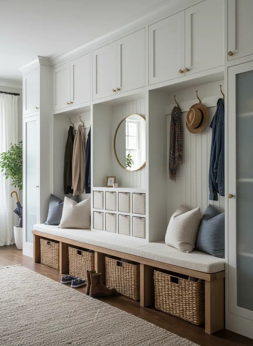 Finished built-in entryway mudroom with bench and storage