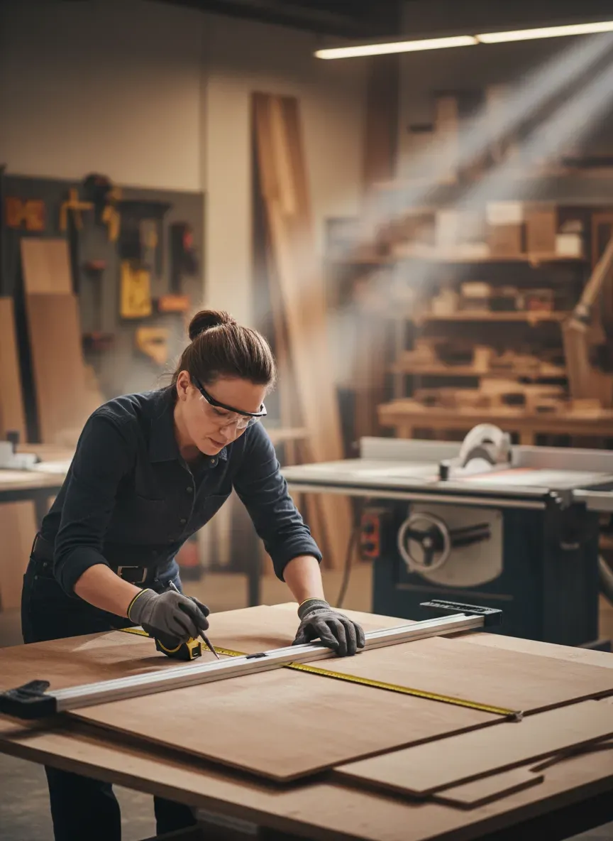 A detailed look at measuring and cutting cabinet-grade plywood for bench construction
