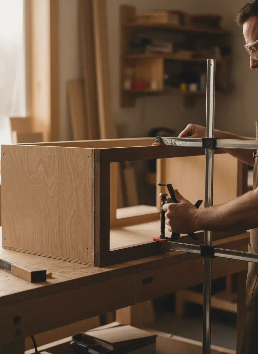 Clamping the face frame to the mudroom bench carcass during the glue-up process