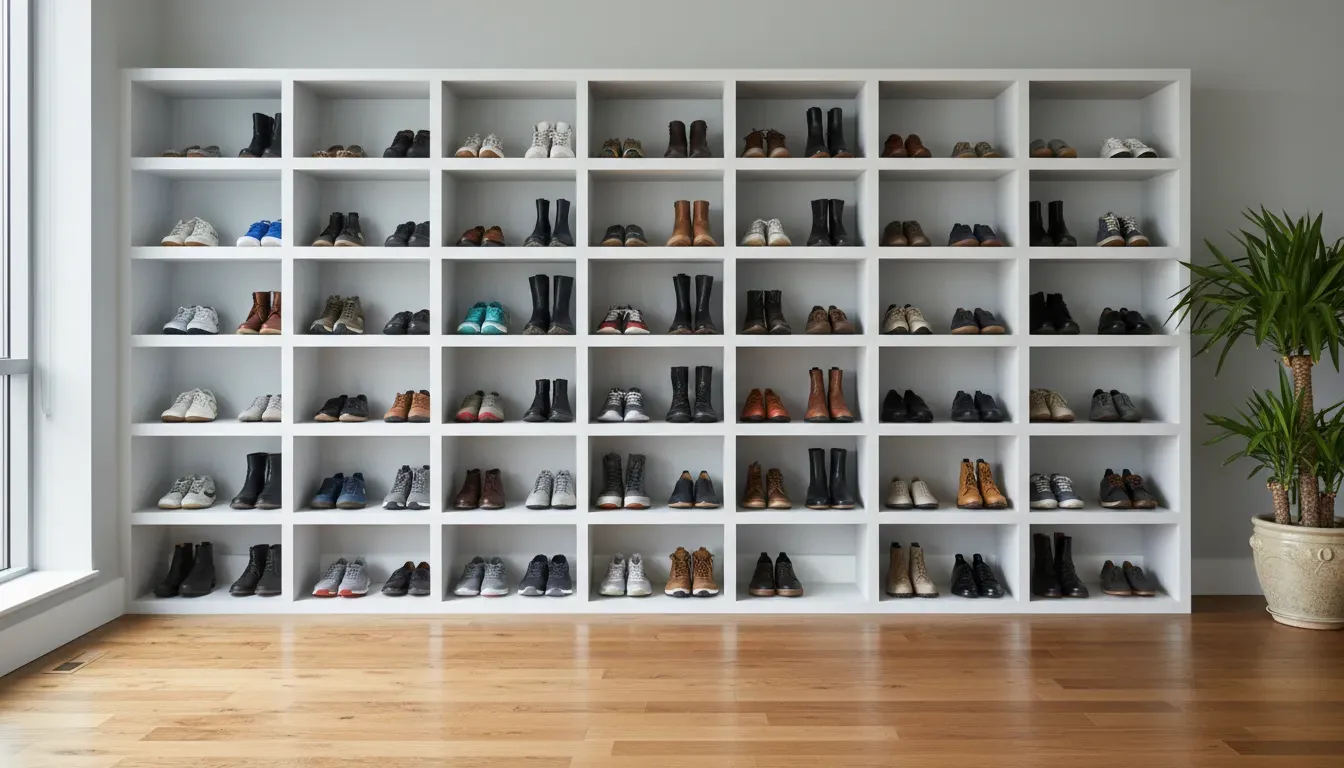 Custom white built-in shoe shelves with wood flooring