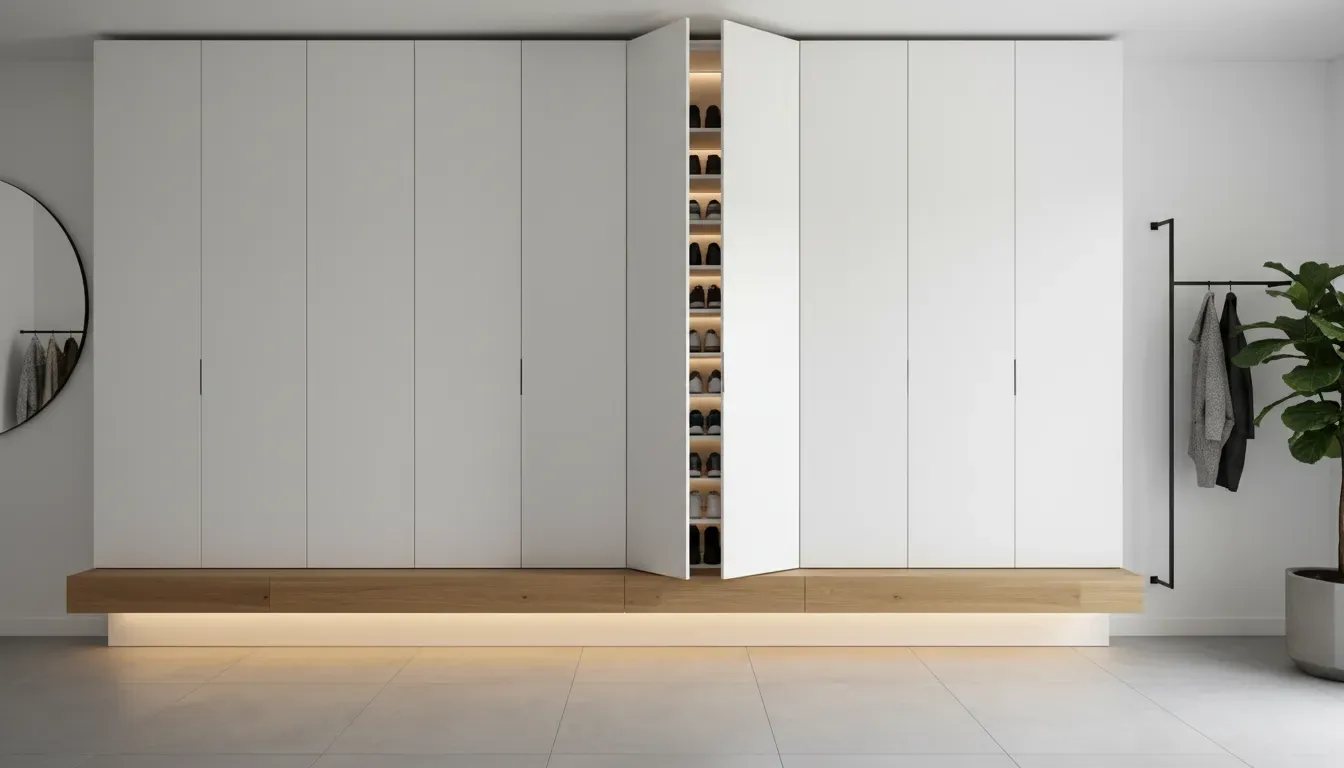 Modern minimalist entryway with hidden shoe storage cabinets