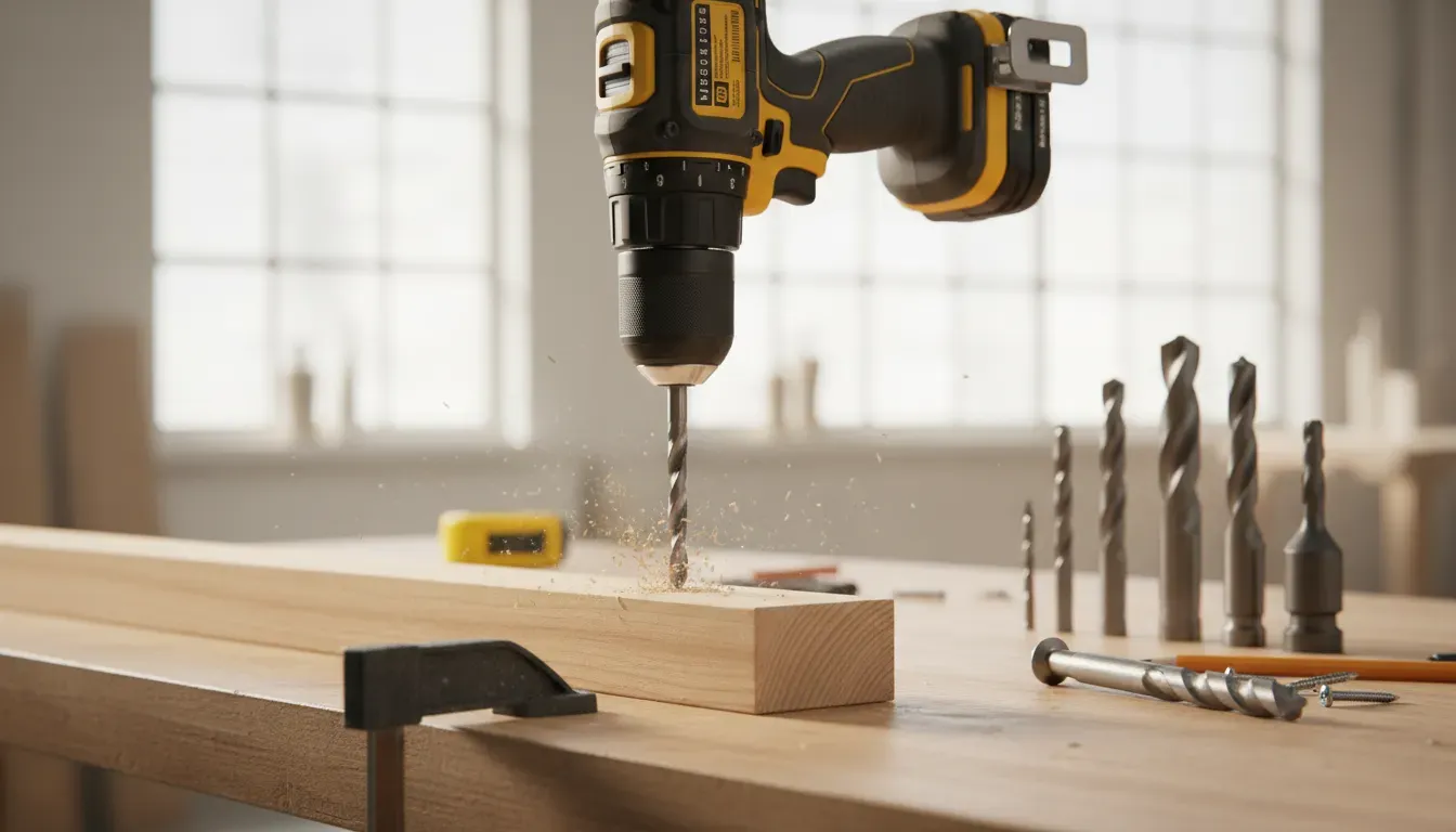 A close-up photograph of a cordless drill creating a pilot hole in a wooden mounting rail, with a selection of drill bits and screws lying on a workbench nearby.