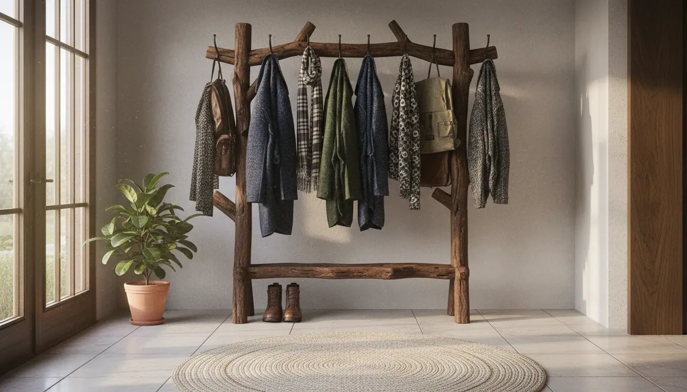 A beautifully organized, sunlit entryway featuring a robust wooden coat rack holding heavy winter coats, bags, and scarves, demonstrating both style and structural security.