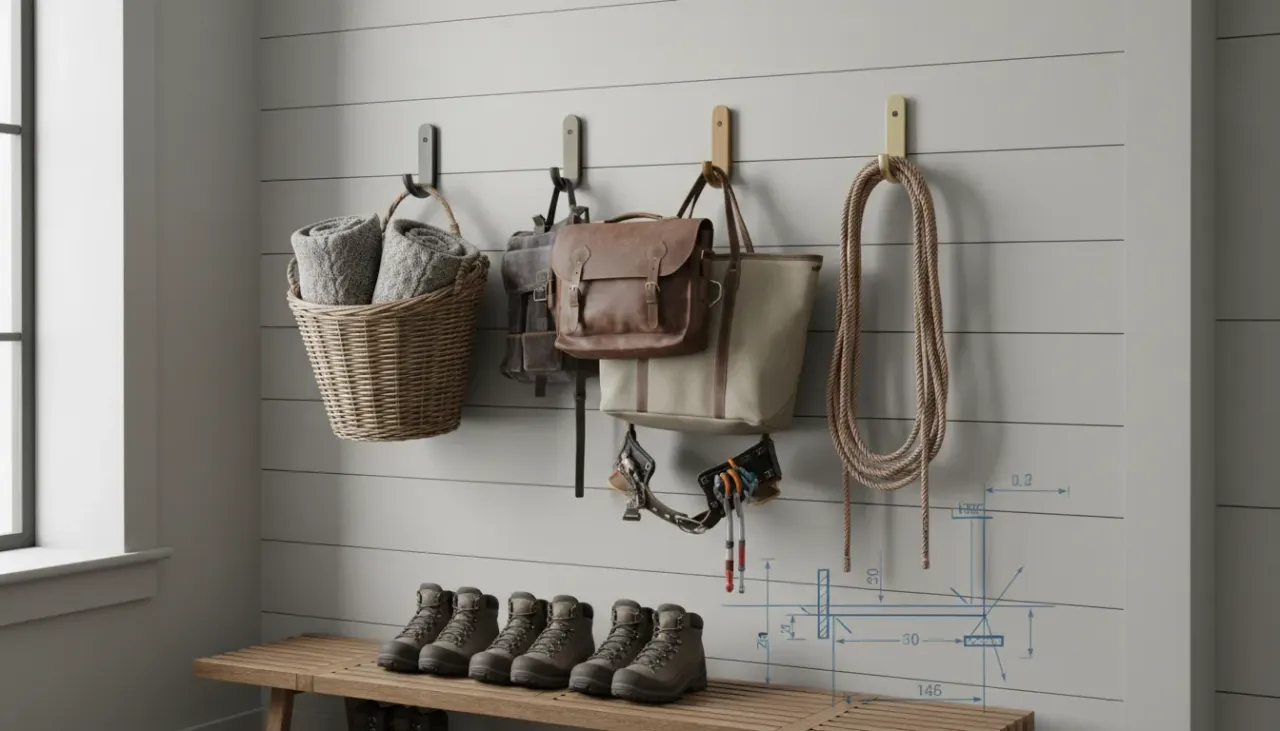 A close-up of a heavy brass coat hook mounted on a wooden rail, supporting a thick wool trench coat and a leather satchel.
