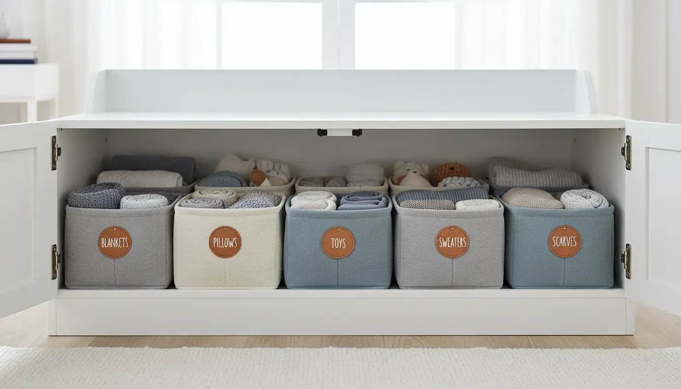 Interior of storage bench organized with labeled fabric bins and safe soft items