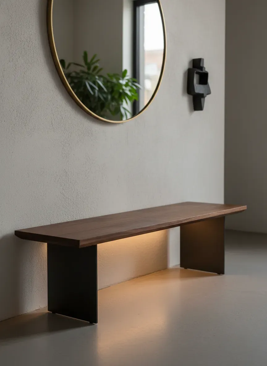 Contextual visualization of an entryway bench highlighting material finishes and sleek profile