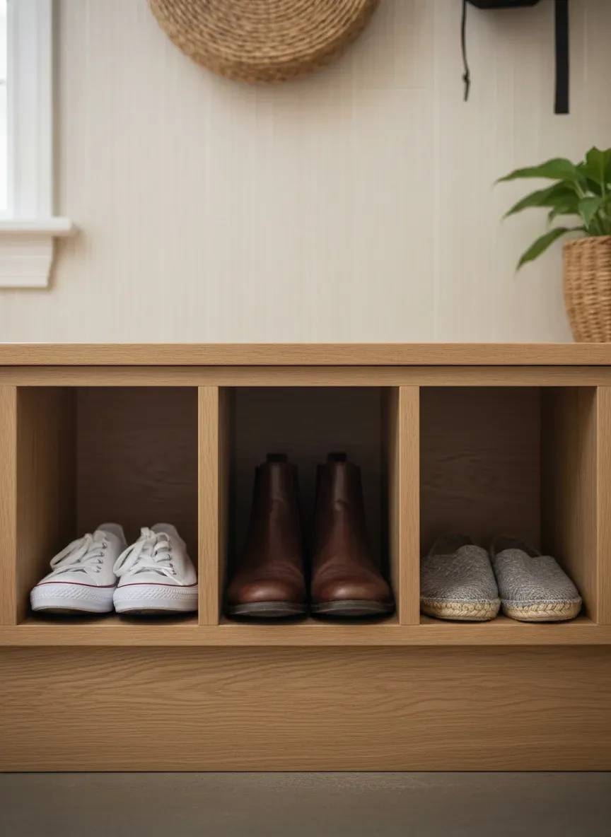 Detailed view of mudroom bench storage compartments, showing shoes fitting perfectly into cubbies