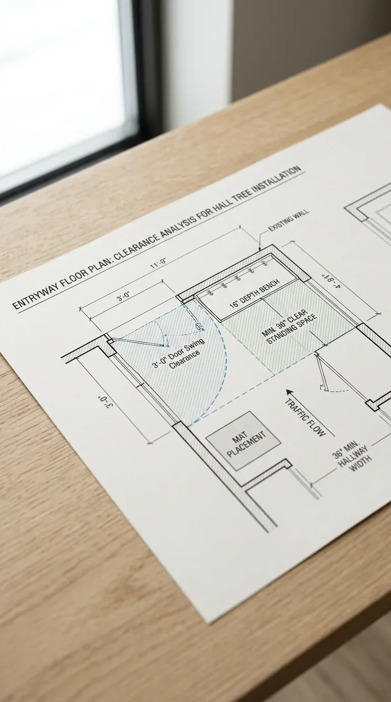 Technical diagram of an entryway floor plan showing clear swing clearances for a front door and a 16-inch deep hall tree bench