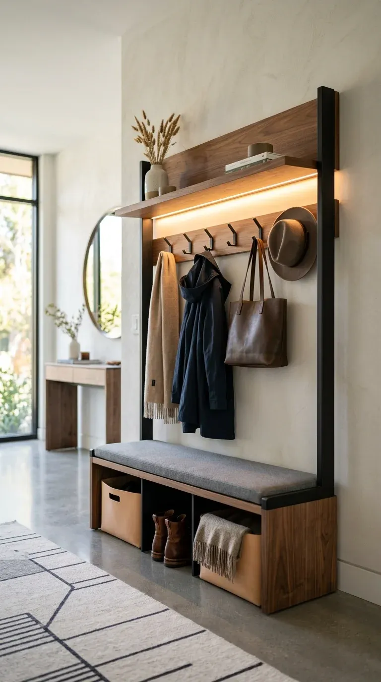 A high-end modern hall tree featuring integrated LED strip lighting under the upper shelf, illuminating the coat hooks