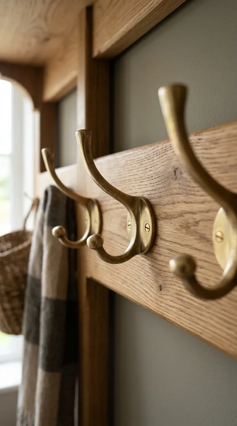 Macro shot showing high-quality solid brass hooks mounted to a solid oak backing board on a custom hall tree