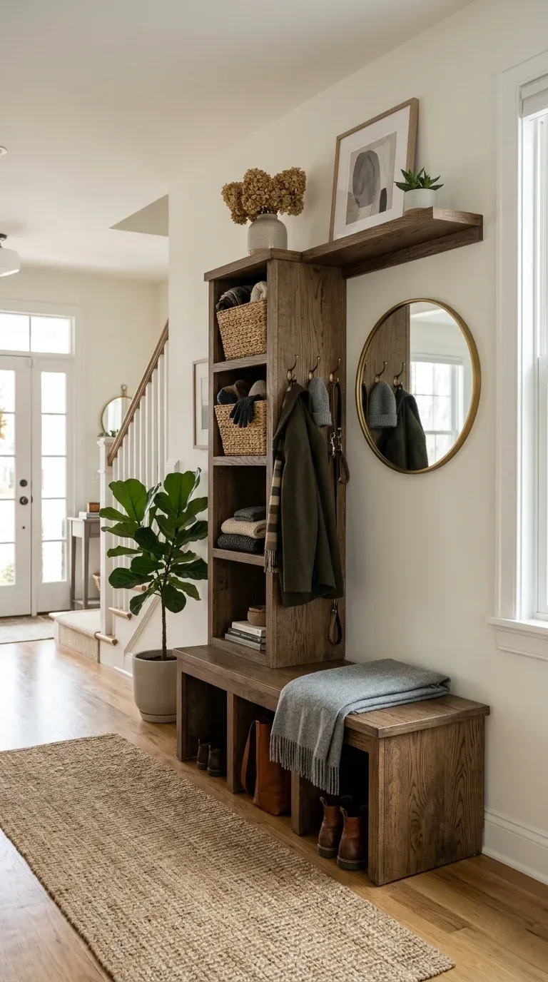 Elegant entryway layout showcasing a large wooden hall tree with integrated storage cubbies filled with baskets and winter accessories