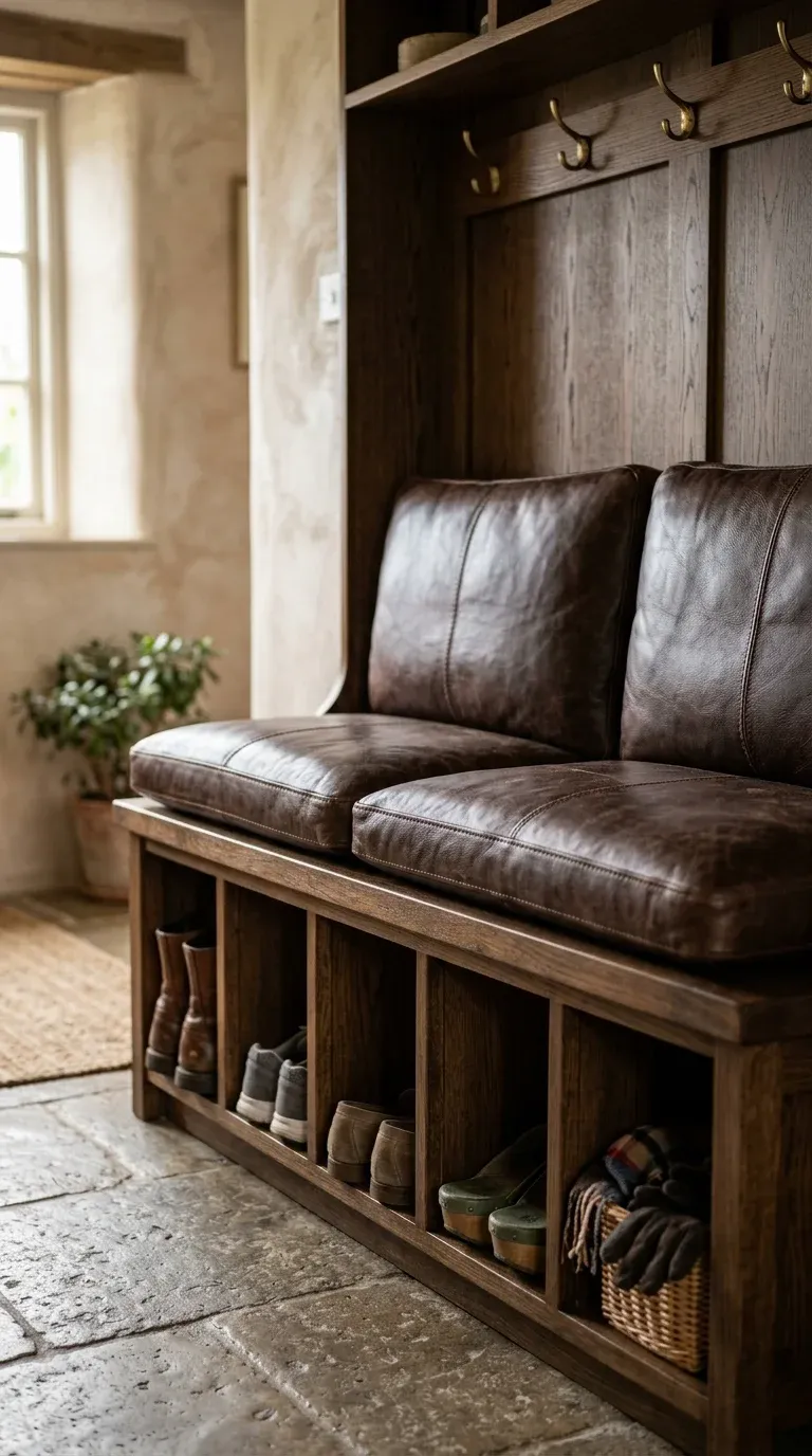 Close-up of a sturdy bench seating area of a hall tree with comfortable leather cushions and shoe cubbies underneath