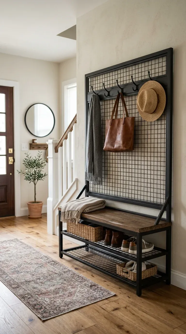 Rustic modern entryway showcasing a dark metal-framed hall tree with industrial wire mesh back paneling