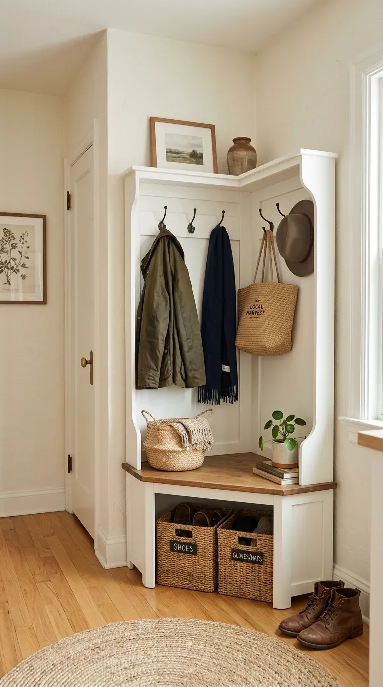 Corner of a room featuring a beautifully styled corner hall tree maximizing storage in a compact, tight space