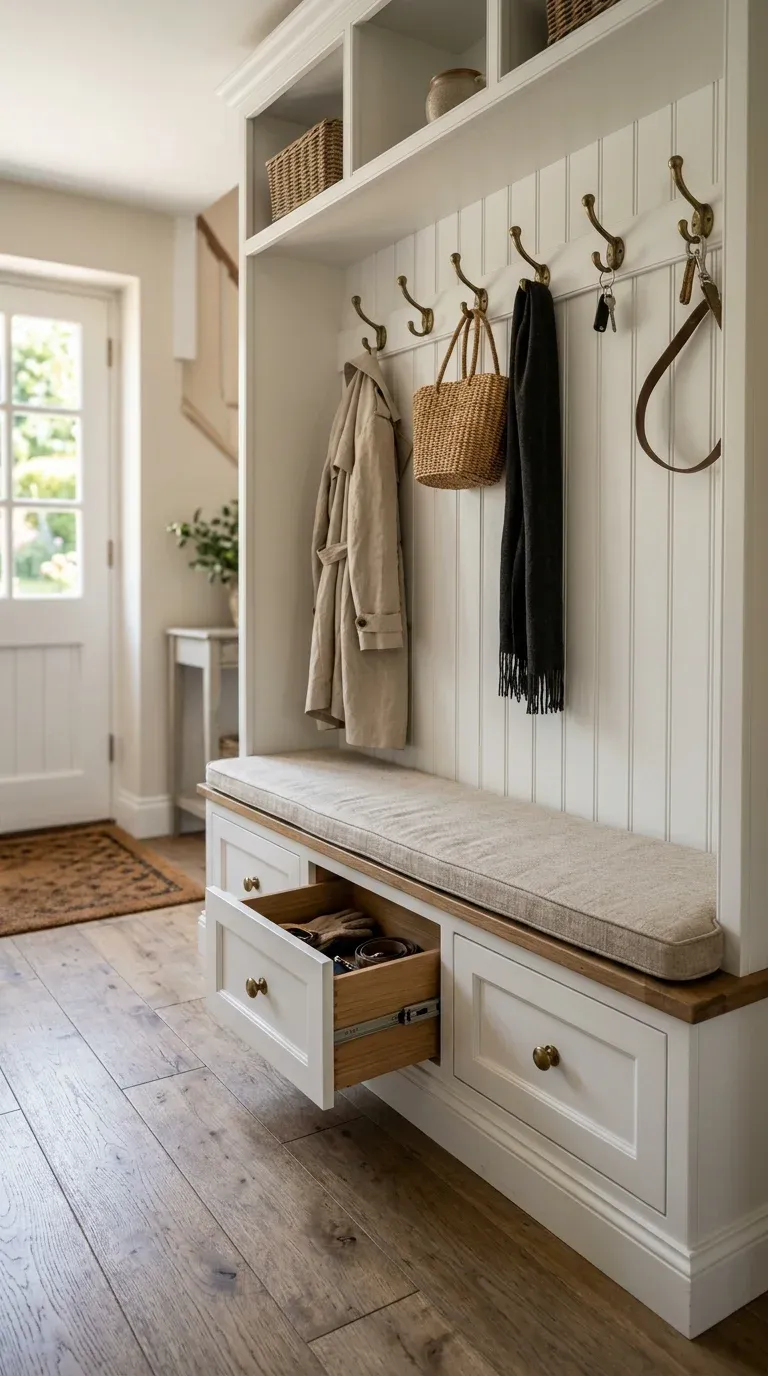 Traditional white-painted mudroom unit featuring beadboard paneling, double-pronged brass hooks, and drawer slides