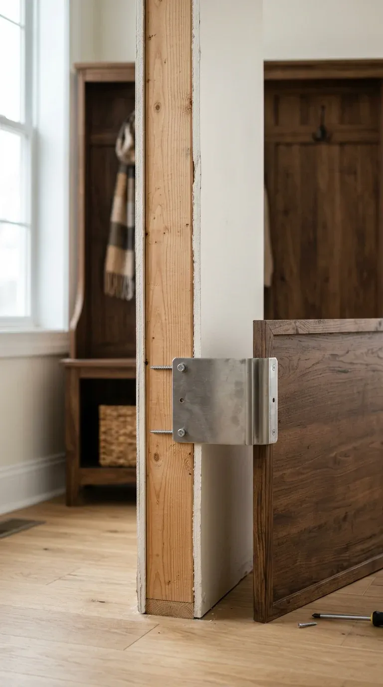 Illustrative guide demonstrating the correct installation of an anti-tip safety bracket into a wood wall stud