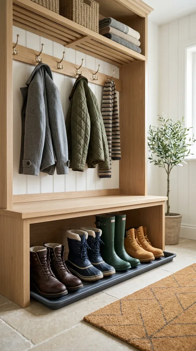 An organized entryway mudroom storage unit showing clean, dry winter boots sitting on a protective waterproof tray inside a cubby