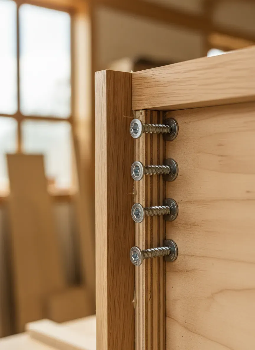 Close up of pocket hole joinery connecting plywood carcass to solid wood face frame
