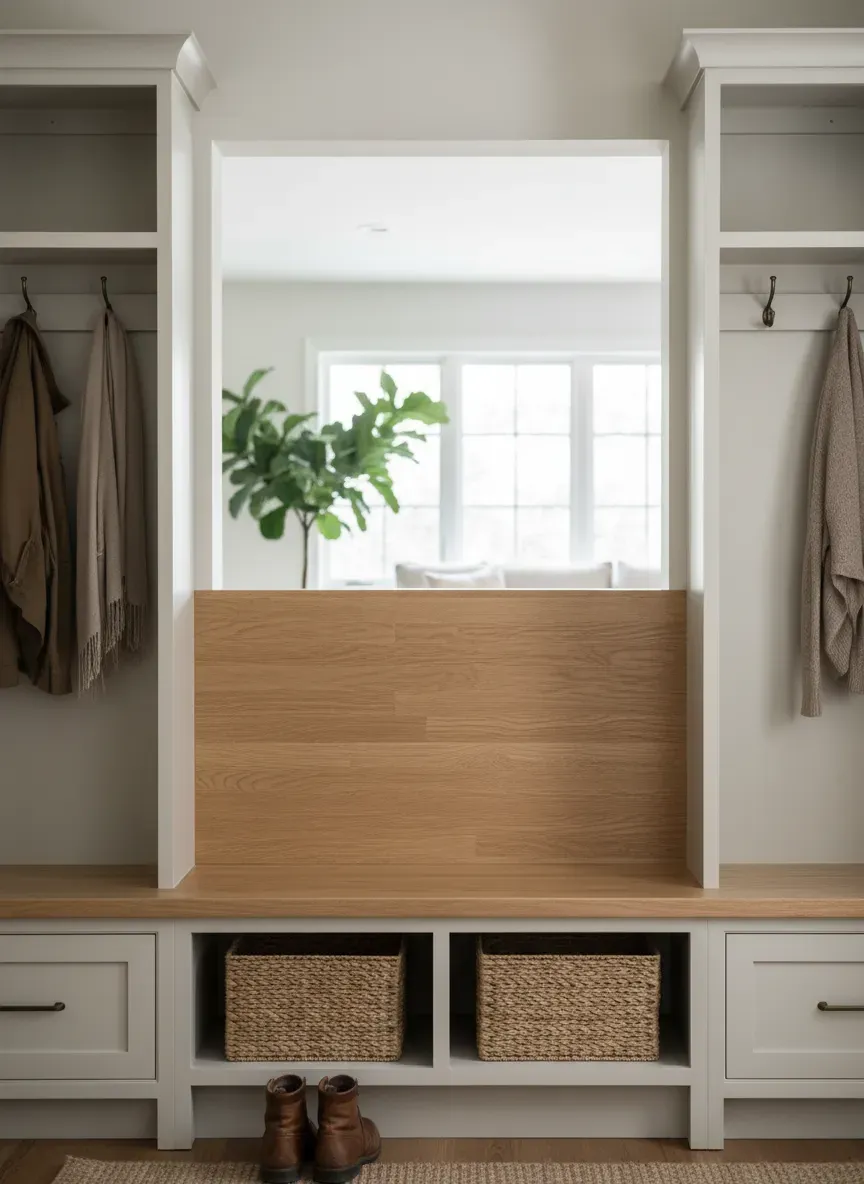 Finished entryway mudroom bench with white oak seat and painted maple cabinetry