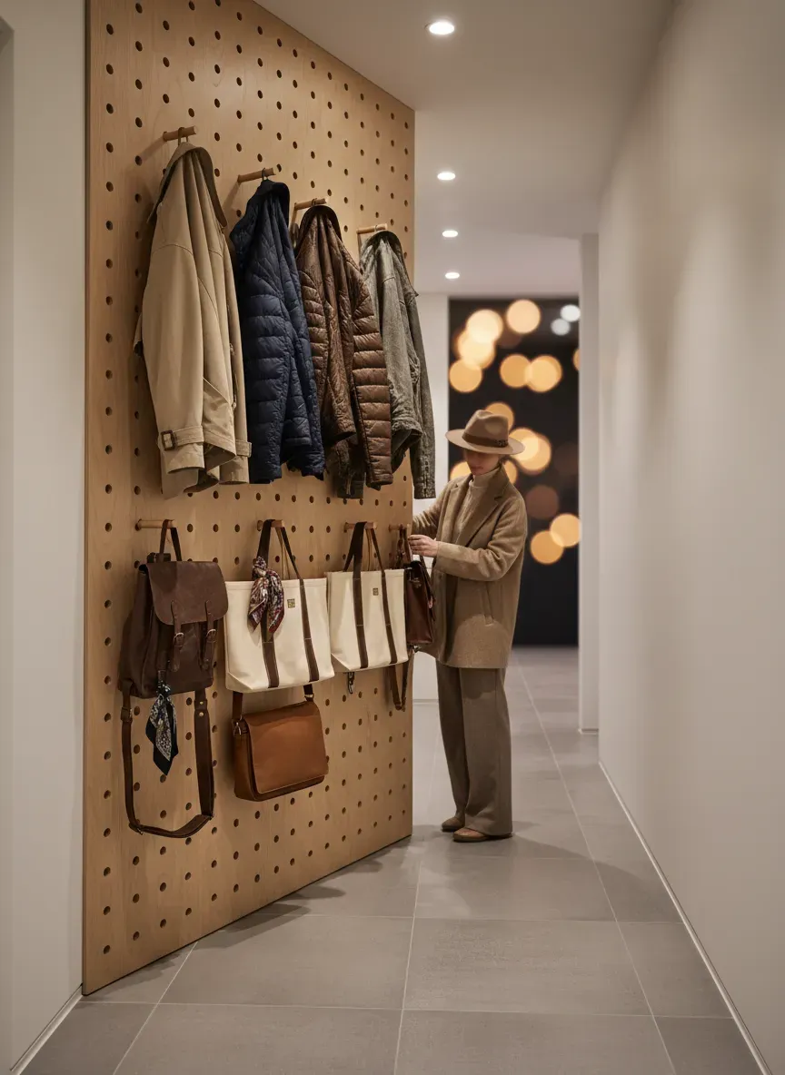 A floor-to-ceiling pegboard system in a tight hallway holding coats and bags