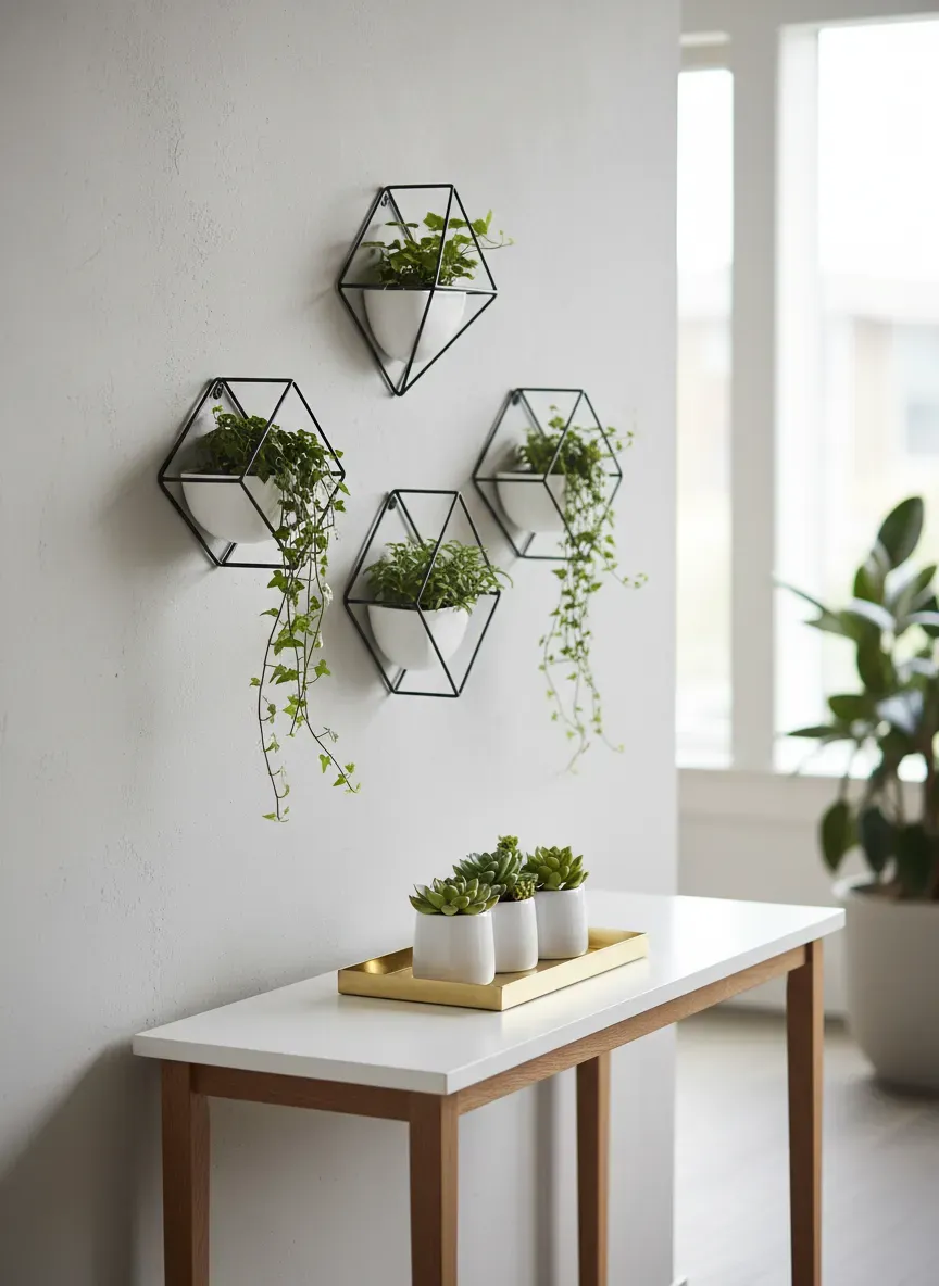 Close up of a slim console table styled with a tray and wall-mounted geometric planters