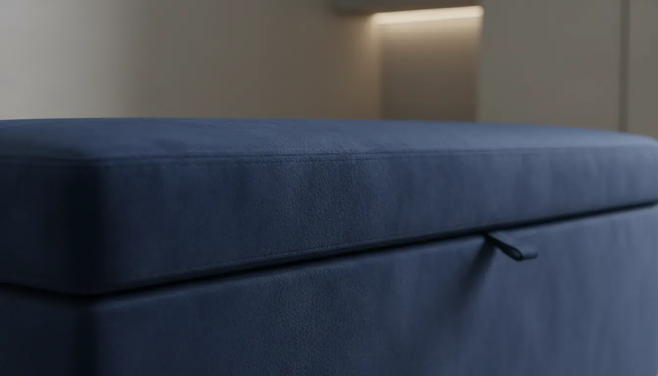 Close up texture shot of a velvet navy blue storage bench highlighting the fabric quality