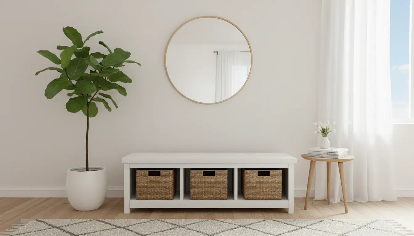 A bright and airy entryway with a white storage bench and wicker baskets underneath