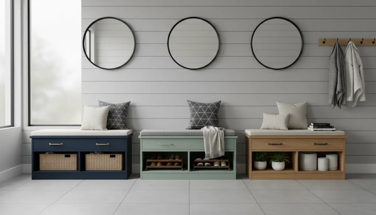 A stylish entryway featuring a perfectly color-coordinated storage bench with throw pillows and organized shoes.