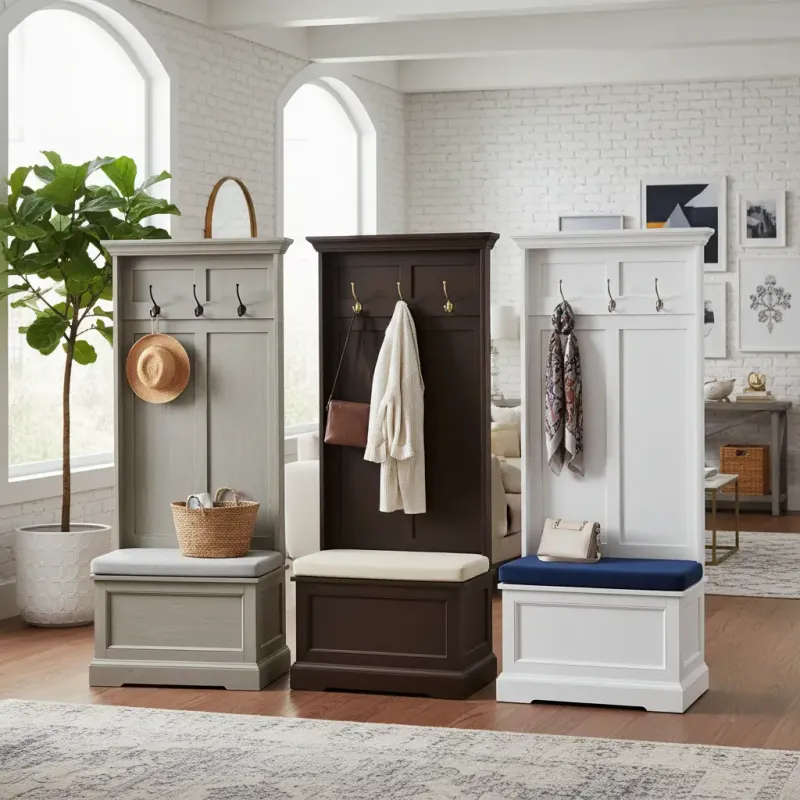 A beautifully styled entryway featuring a neutral-toned hall tree that complements the surrounding interior decor.