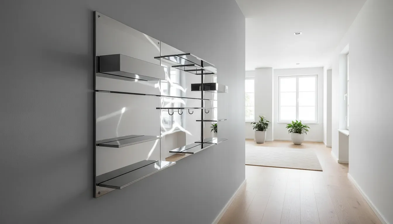 A bright, airy hallway showing a chrome wall organizer reflecting sunlight, contrasting with a cool grey wall