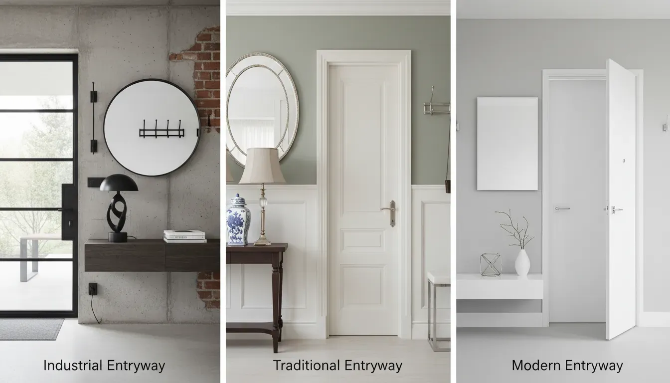 A split view comparison showing three different entryway styles: Industrial with black hardware, Traditional with nickel, and Modern with chrome