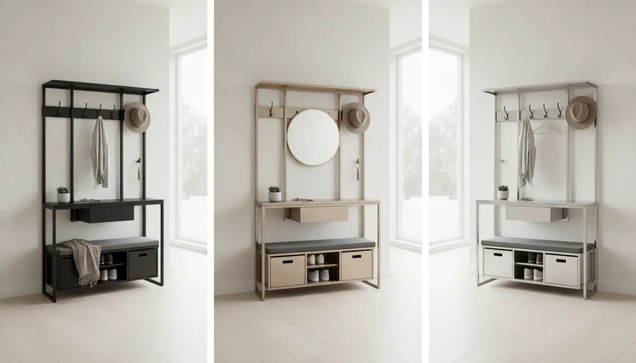 A stylish modern entryway featuring a comparison of matte black, brushed nickel, and chrome wall organizers against a neutral wall.