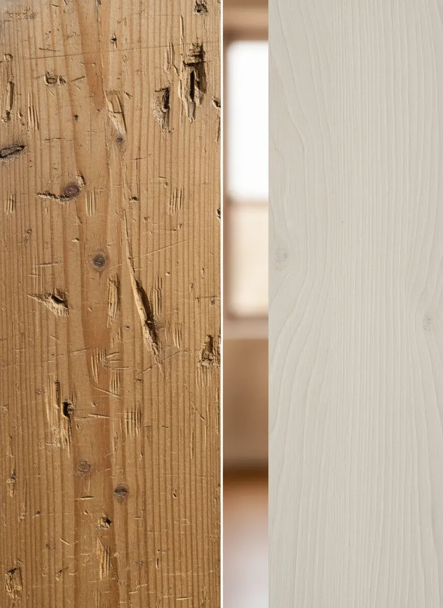 A split view comparison showing a dented pine surface versus a pristine white oak surface under similar wear