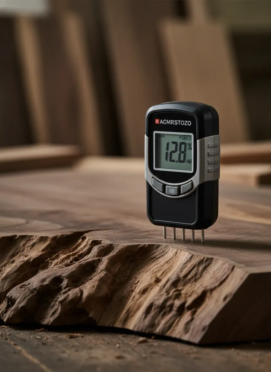 Close up of a moisture meter being used on a rough sawn walnut board