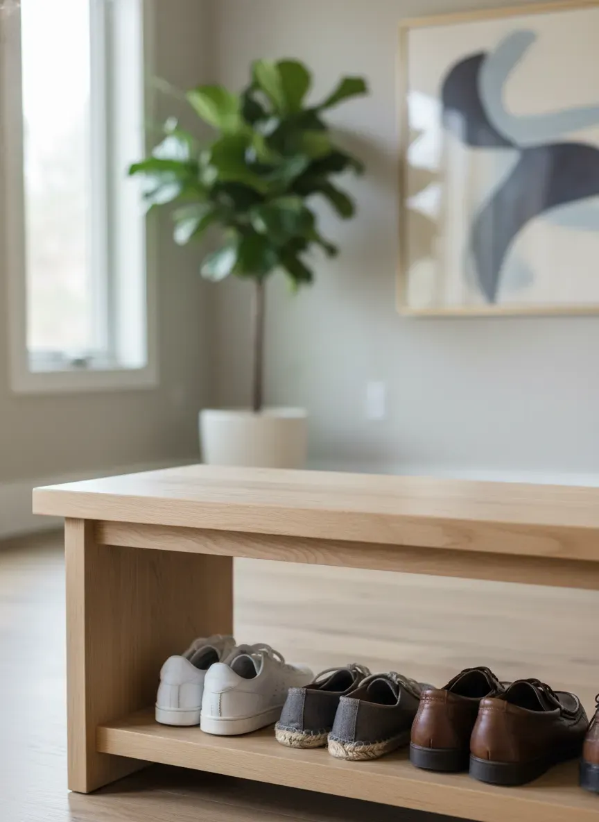 A finished entryway bench made of white oak with shoes underneath