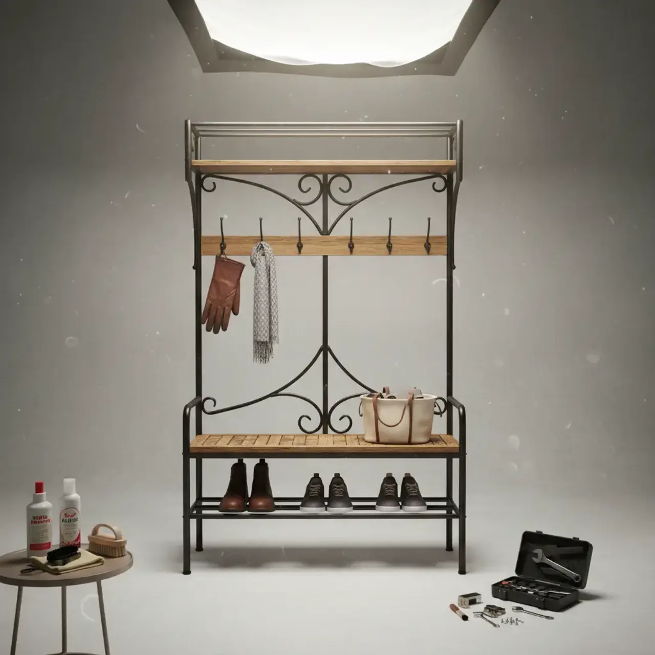 A beautifully maintained wood and metal hall tree in a clean entryway