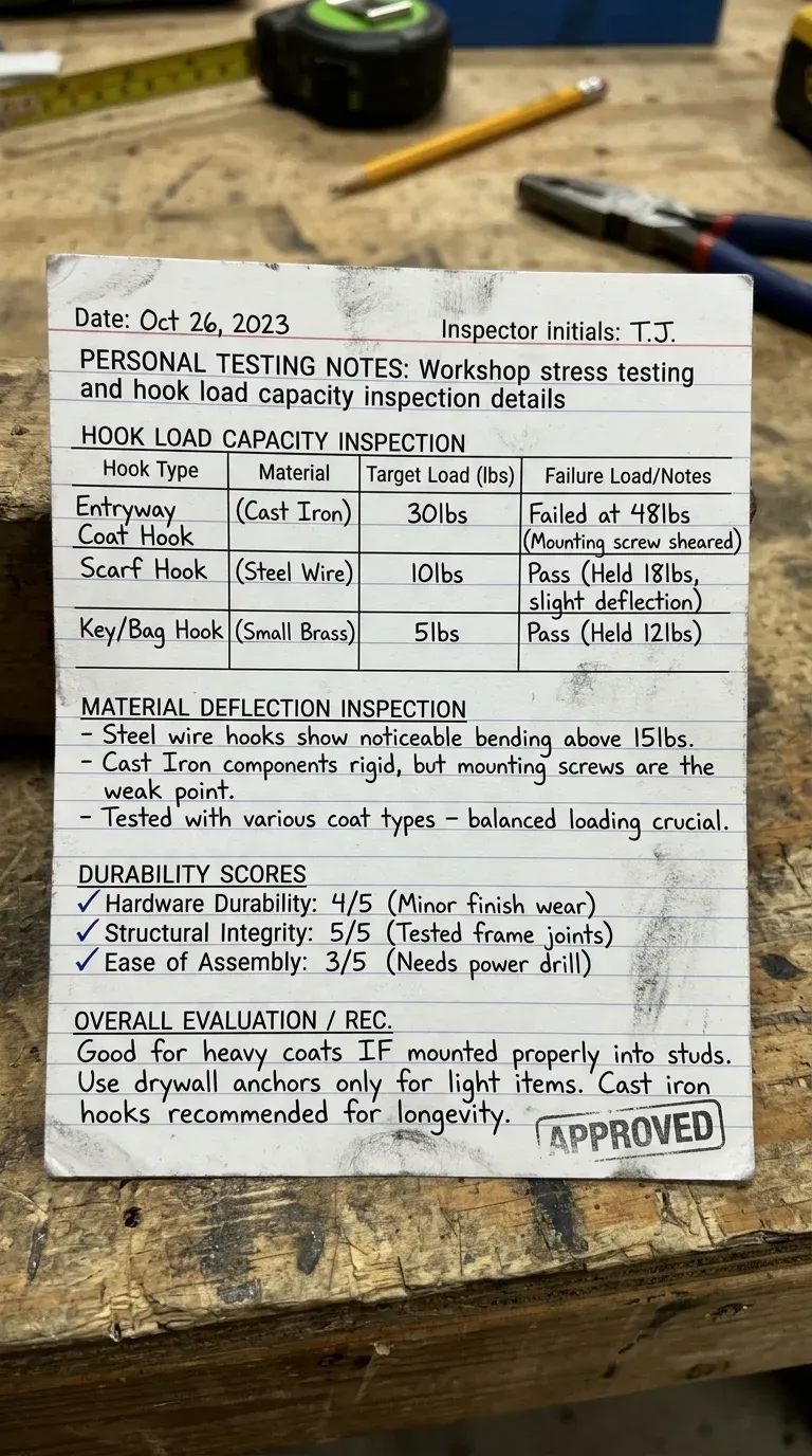 Analysis Notes: Hall tree build quality and hook capacity reference