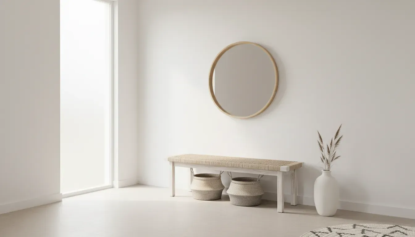 Bright minimalist foyer with a whitewashed mango wood bench and woven seat